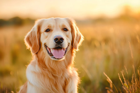 Golden retriever sitting in a meadow during a beautiful sunsetの素材