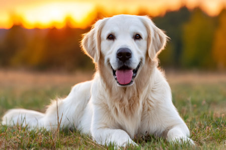 Golden retriever relaxing on grass during a beautiful sunsetの素材