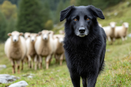 Black sheepdog standing guard, protecting flock of sheep grazing in green meadow, showcasing responsible animal husbandryの素材