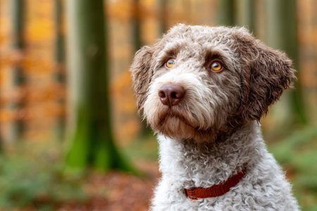 Portrait of beautiful lagotto romagnolo dog looking up in a colorful autumn forestの素材