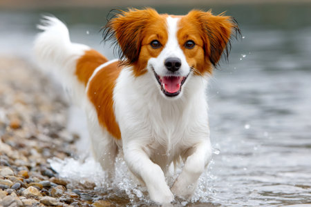 Happy kooikerhondje running in the water of a lake near the shoreの素材