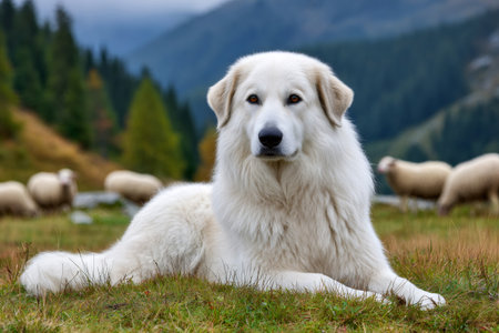 Majestic white great pyrenees dog lying in a mountain meadow, guarding a flock of sheepの素材