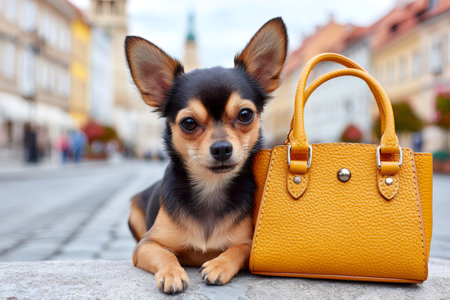 Small chihuahua dog is lying down next to a yellow leather bag in a city centerの素材