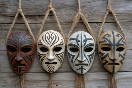 Four tribal masks with intricate patterns are hanging on a weathered wooden wall, showcasing ancient symbols and craftsmanshipの素材