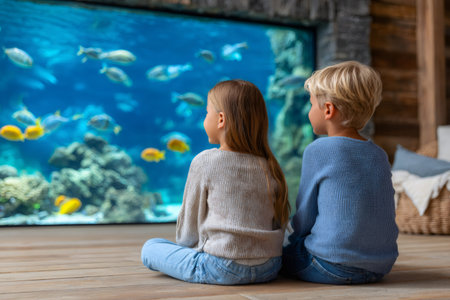 Brother and sister are admiring beautiful fishes swimming in a big domestic aquariumの素材