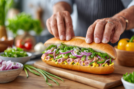 Cook finishing preparing a sandwich with ham, onions, arugula, sauce, and spices on a wooden cutting boardの素材
