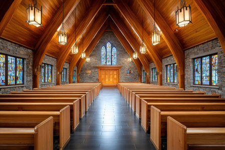 Tranquil atmosphere pervading a contemporary church interior, featuring wooden pews, stained glass, and a vaulted ceilingの素材