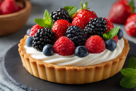 Freshly baked tart topped with whipped cream and decorated with a variety of berries and mint leavesの素材