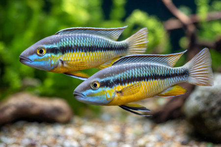 Couple of colorful Apistogramma agassizii double red fish swimming in a planted freshwater aquariumの素材