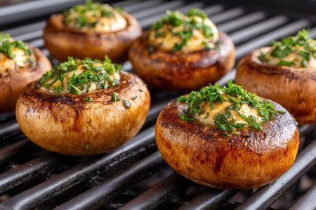 Large portobello mushrooms grilling on a barbecue, seasoned with garlic, herbs, and spicesの素材