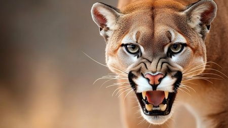 Close up of a cougar snarling, displaying its teeth and claws, in a blurred natural backgroundの素材