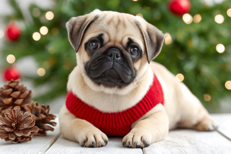 Adorable pug puppy wearing a christmas sweater lying down on a white wooden floor near pine cones with christmas tree lights in the backgroundの素材