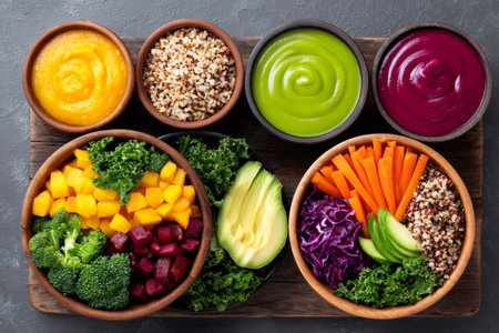 Colorful buddha bowls containing fresh and healthy ingredients are waiting to be eatenの素材