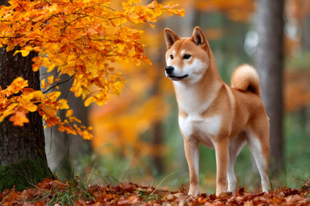 Shiba inu dog standing majestically among colorful autumn leaves in a serene forest settingの素材