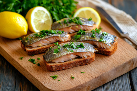 Smoked sprats are served on rye bread with lemon and parsley, creating a flavorful appetizerの素材