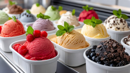 Colorful assortment of ice cream flavors garnished with mint, raspberries, chocolate chips, and berries, creating a visually appealing dessert selectionの素材