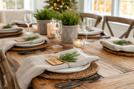 Festive Christmas table setting featuring natural linen napkins, wooden name cards, and greenery on a rustic wooden table, creating a warm and inviting atmosphereの素材