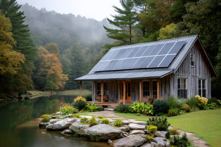 Tranquil lakeside cabin utilizes solar panels for sustainable energy amid the vibrant colors of autumn foliage and misty mountainsの素材