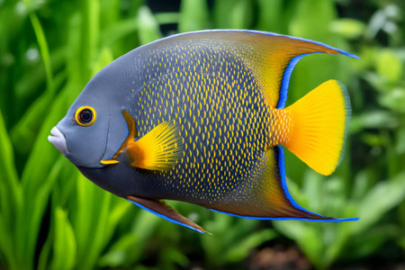 Vibrant angelfish displays its striking blue, yellow, and gray markings as it navigates a serene, plant filled aquarium environmentの素材