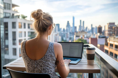 Young woman working on laptop on balcony with cityscape view, enjoying a cup of coffeeの素材