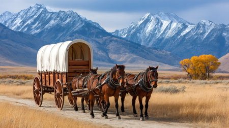 Team of horses pulling covered wagon along a scenic trail in Grand Teton National Park, Wyomingの素材
