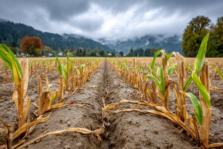 Withered corn stalks growing in furrows with mountains and forest in background under cloudy skyの素材