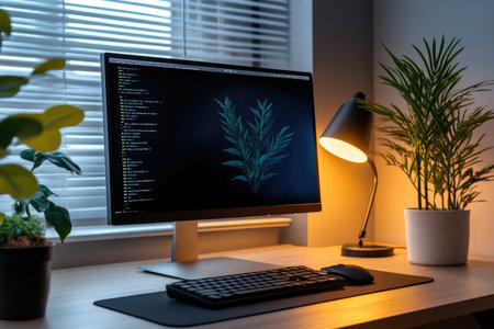 Cozy home office workspace with computer displaying code, keyboard, mouse, lamp, and plants creating a productive and serene environmentの素材