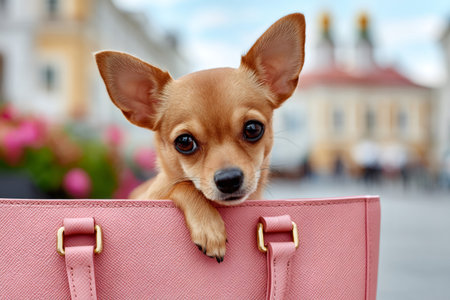 Small chihuahua dog peeking out of a fashionable handbag in a blurred urban settingの素材