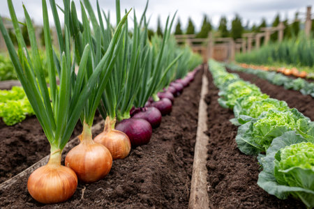 Onions and cabbages growing in fertile soil rows of a vegetable gardenの素材