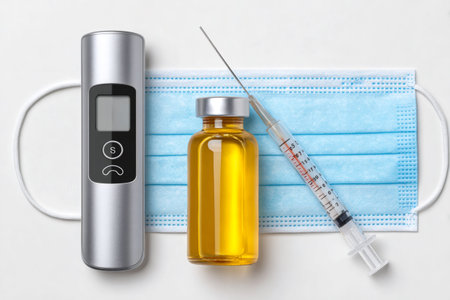 Medical still life showing vaccination equipment such as a digital thermometer, a vaccine vial, a syringe and a protective face mask, arranged on a white backgroundの素材