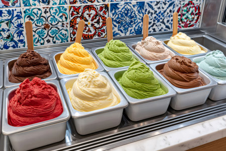 Colorful ice cream in metal containers is displayed for sale, featuring wooden spoons and a decorative tile backdropの素材