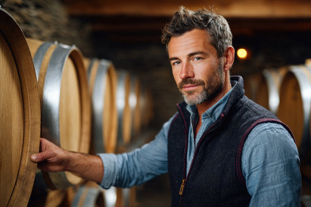 Winemaker touching oak barrel in cellar with wine barrelsの素材
