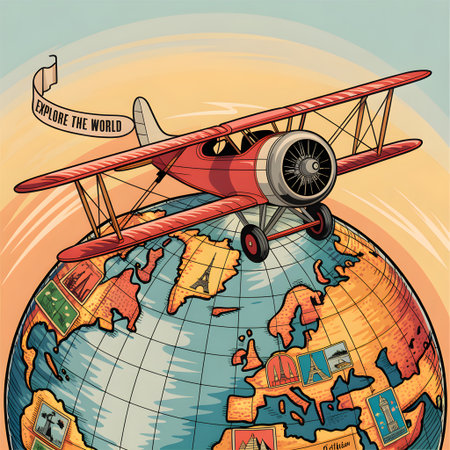 Vintage red airplane flying around the world with a banner reading explore the worldの素材