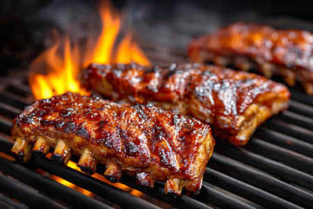 Marinated pork ribs grilling on a hot charcoal barbecue with flames for a summer picnicの素材
