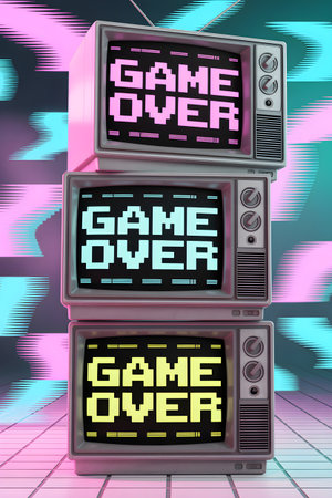 Three retro televisions stacked on top of each other, displaying a pixelated game over message, set against a vibrant synthwave backdropの素材