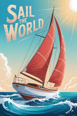 Sailboat with red sails gracefully navigates ocean waves, capturing the essence of maritime adventure and the pursuit of freedom on vast seasの素材