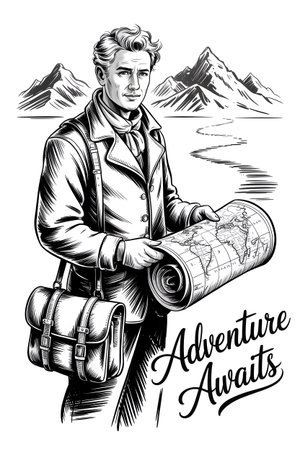 Explorer holding rolled map with mountain range background, ready for adventureの素材