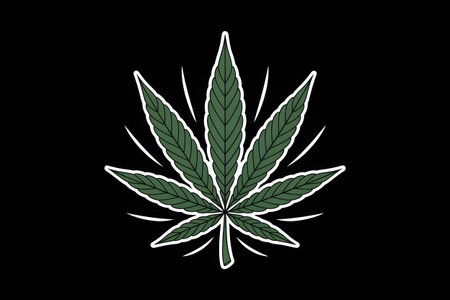 Green cannabis leaf with radiating lines on a black background, evoking themes of relaxation, nature, and alternative medicineの素材