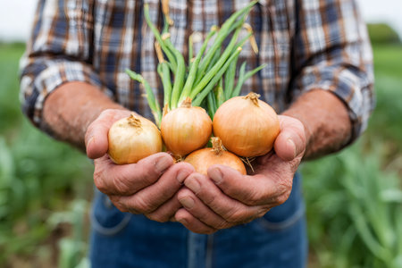 Farmer proudly displaying a handful of freshly picked onions, showcasing the fruits of his labor in the agricultural fieldの素材