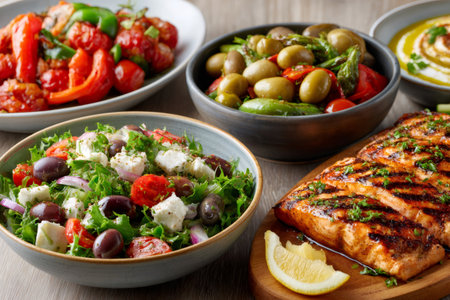 Delicious grilled salmon fillet with Greek salad and roasted vegetables embodies the healthy principles of the Mediterranean dietの素材