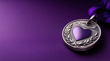 Silver medal featuring a purple heart, laurel wreath, and ribbon, symbolizing love, courage, and achievementの素材
