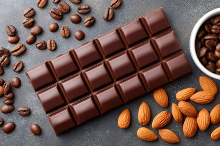 Delicious dark chocolate bar surrounded by roasted coffee beans and almonds, creating a tempting arrangement on a gray backgroundの素材