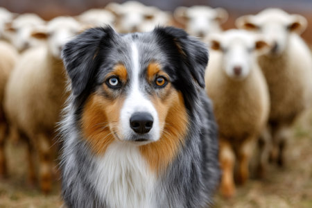 Australian shepherd dog with heterochromia is guarding a flock of sheep in a farmの素材