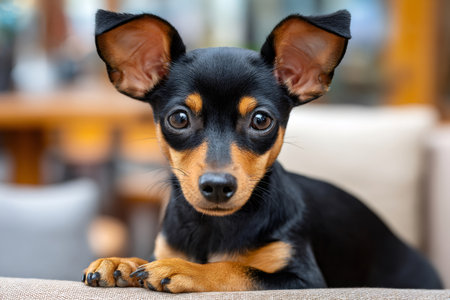 Adorable prague ratter puppy resting on a comfortable sofa, enjoying a peaceful moment at homeの素材