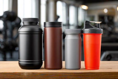 Variety of sports nutrition supplements and shaker bottle displayed on a bench within a gym environment, promoting fitness and healthy lifestylesの素材