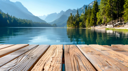 Empty wooden pier overlooking a beautiful mountain lake reflecting the surrounding natureの素材