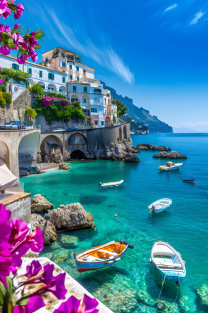 Scenic village on the Amalfi coast, featuring colorful boats on crystal clear turquoise water, vibrant bougainvillea, and stunning views of the Mediterranean seaの素材