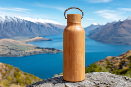 Wooden reusable bottle resting on a rock in the mountains promotes sustainability and eco-friendly practicesの素材
