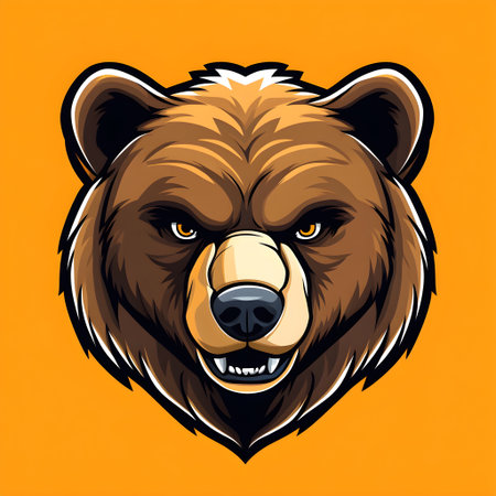 Illustration of a brown bear head growling, showing its teeth, on an orange backgroundの素材