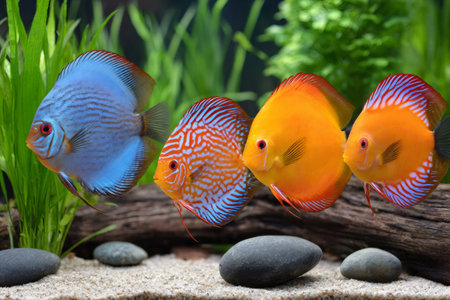 Four discus fish of various colors swimming in a planted aquariumの素材